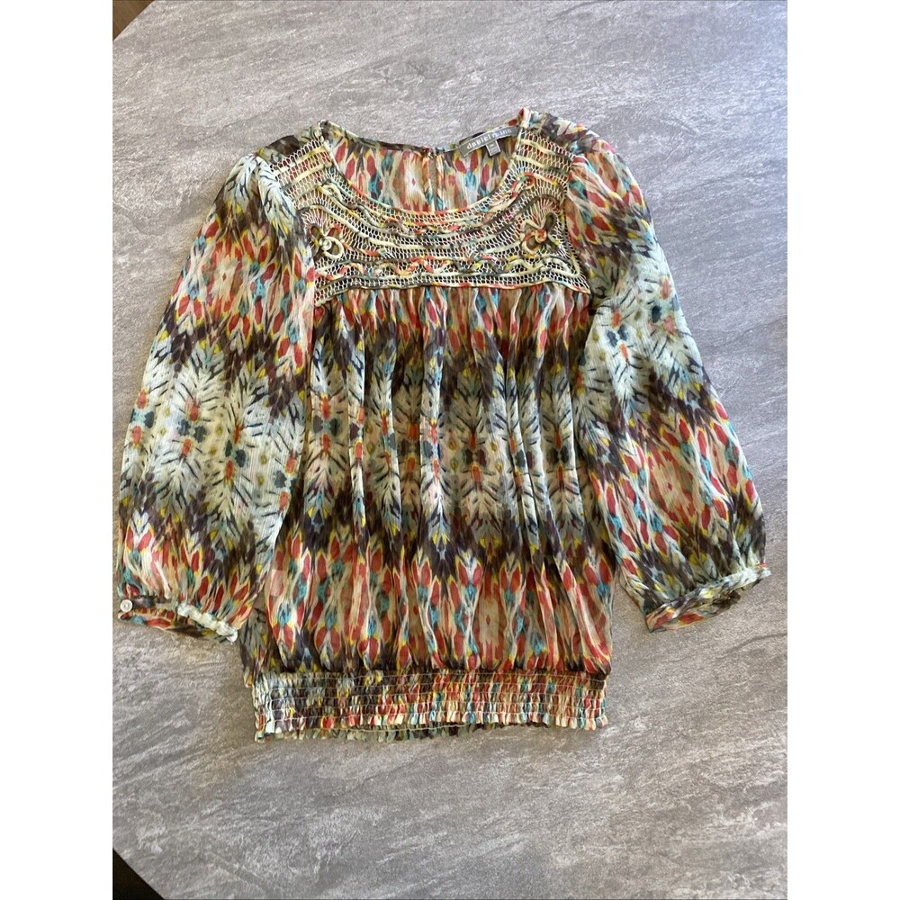 DANIEL RAINN Boho Ikat Print Blouse Mesh Crochet Lace Yoke Smocked Hem PM Petite